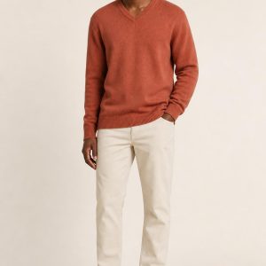 Men's Terracotta V-Neck Sweater worn with an adult model