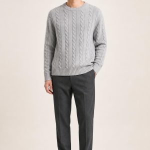 Men's Silver Cable Sweater worn with an adult model