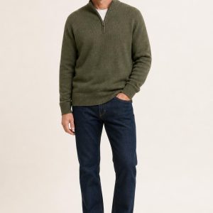 Men's Olive Quarter-Zip Sweater worn with an adult model