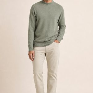 Men's Sage Mock-Neck Sweater worn with an adult model