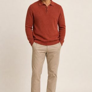 Men's Terracotta Polo Sweater worn with an adult model