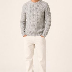 Men's Silver Fisherman Sweater worn with an adult model