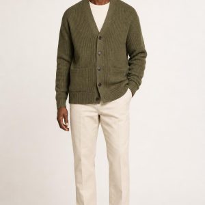 Men's Olive Cardigan worn with an adult model