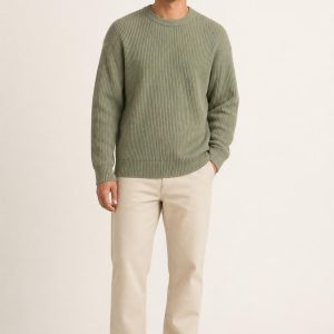 Men's Sage Rib Sweater worn with an adult model