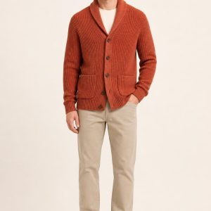 Men's Terracotta Shawl Cardigan worn with an adult model