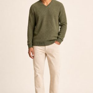 Men's Olive Tonal Texture V-Neck Sweater worn with an adult model