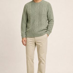 Men's Sage Tonal Texture Cable Sweater worn with an adult model