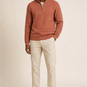 Men's Terracotta Tonal Texture Quarter-Zip Sweater worn with an adult model