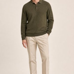Men's Olive Tonal Texture Polo Sweater worn with an adult model