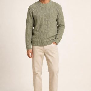 Men's Sage Tonal Texture Fisherman Sweater worn with an adult model