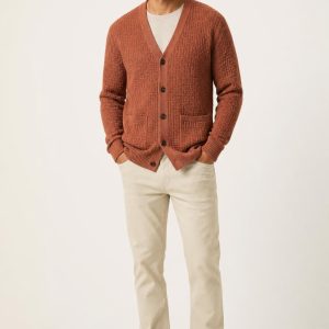 Men's Terracotta Tonal Texture Cardigan worn with an adult model