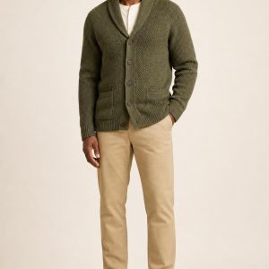Men's Olive Tonal Texture Shawl Cardigan worn with an adult model