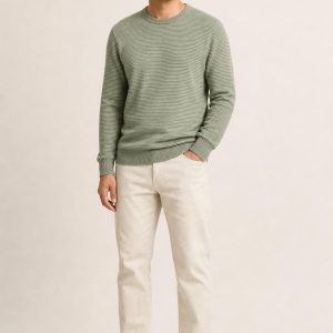 Men's Sage Fine Stripe Crewneck Sweater worn with an adult model