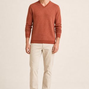 Men's Terracotta Fine Stripe V-Neck Sweater worn with an adult model