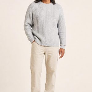 Men's Silver Fine Stripe Cable Sweater worn with an adult model