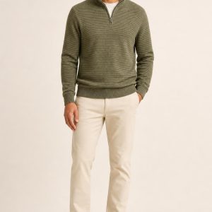 Men's Olive Fine Stripe Quarter-Zip Sweater worn with an adult model