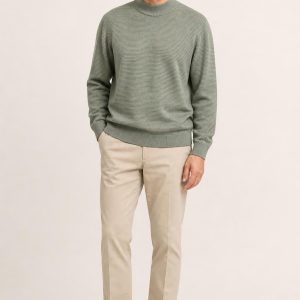Men's Sage Fine Stripe Mock-Neck Sweater worn with an adult model