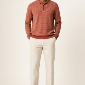 Men's Terracotta Fine Stripe Polo Sweater worn with an adult model