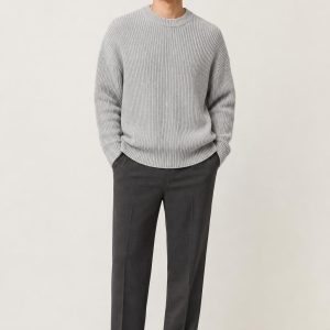 Men's Silver Fine Stripe Fisherman Sweater worn with an adult model
