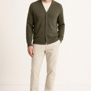 Men's Olive Fine Stripe Cardigan worn with an adult model