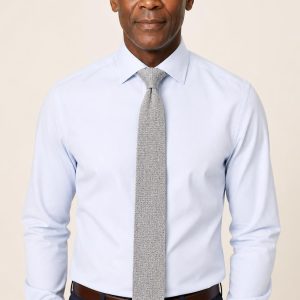 Men's Silver Knit Tie worn with an adult model