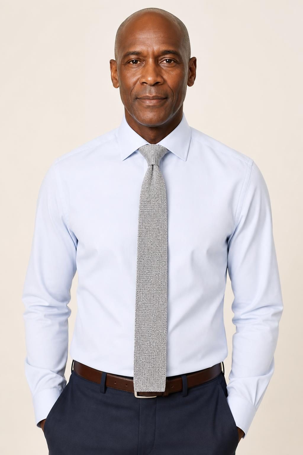 Men's Silver Knit Tie worn with an adult model