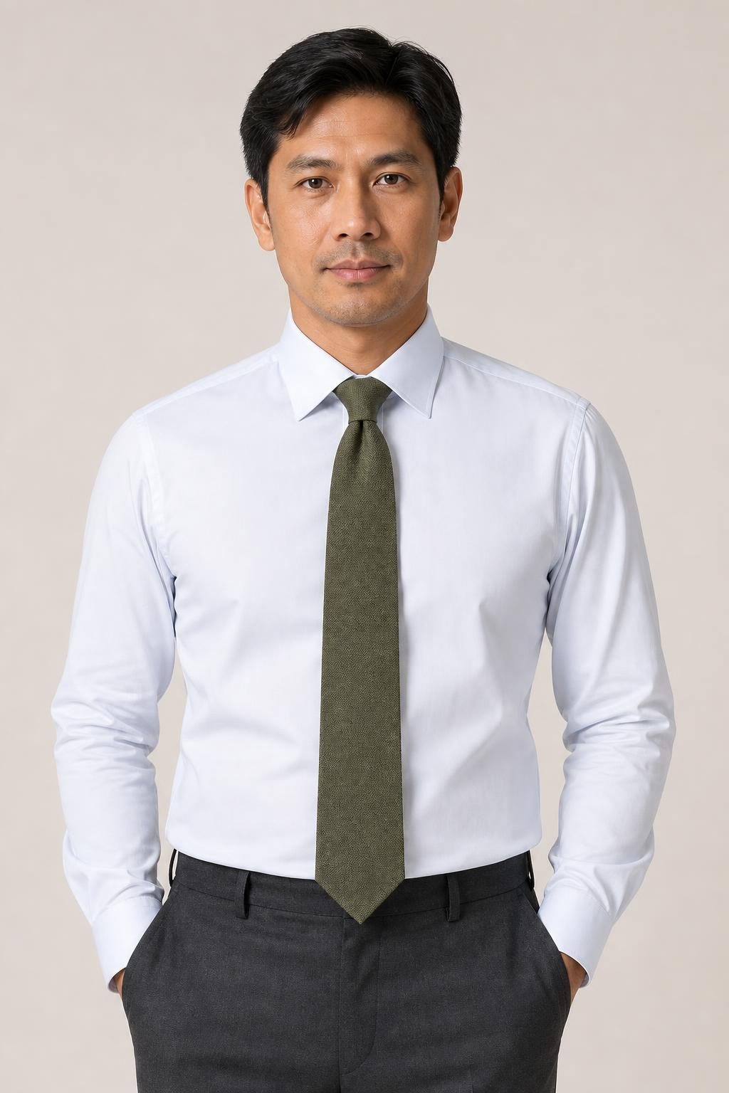 Men's Olive Textured Tie worn with an adult model
