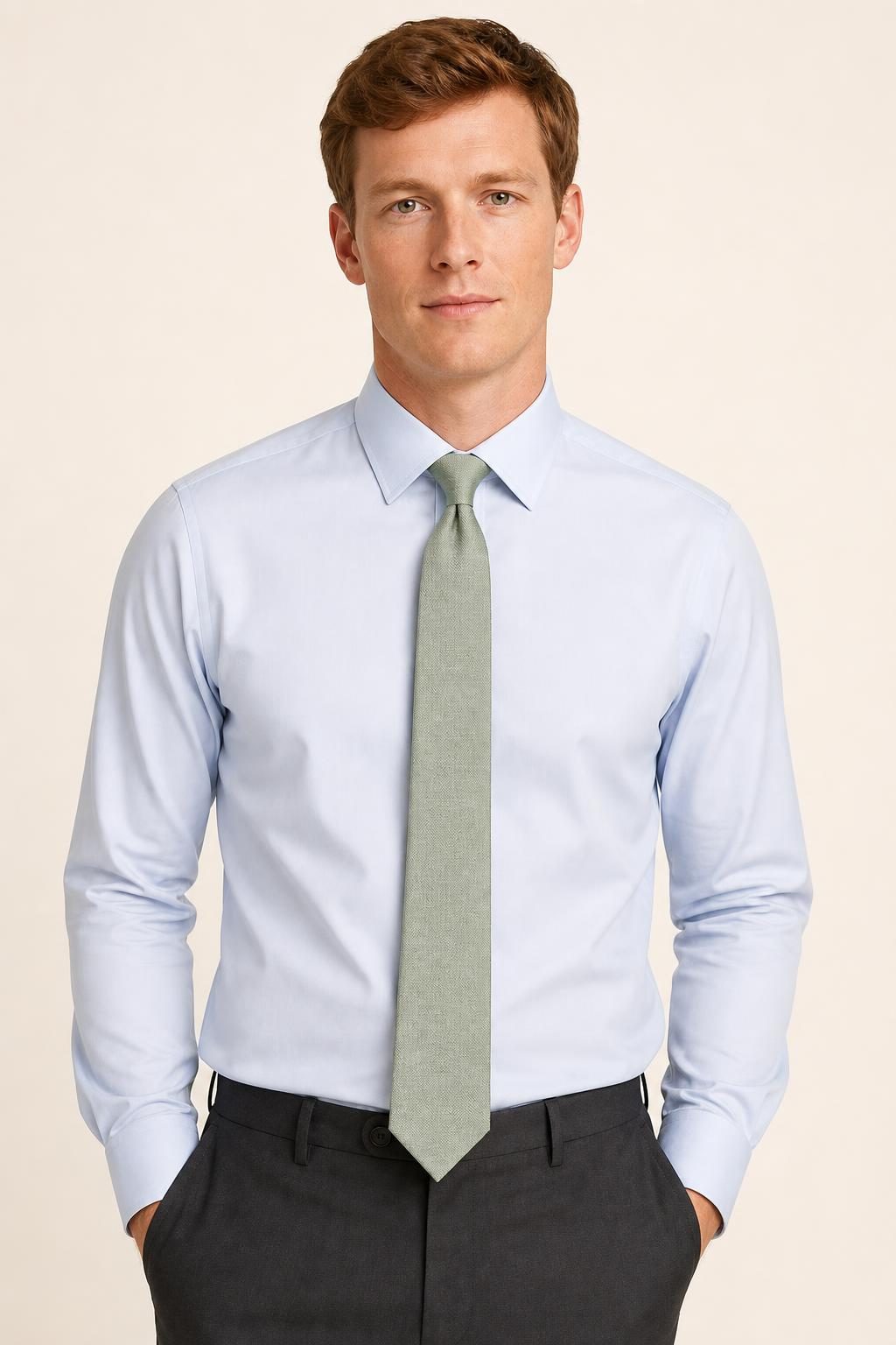 Men's Sage Formal Tie worn with an adult model