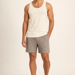Men's Cream Cotton Tank worn with an adult model