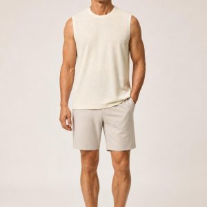 Men's Cream Tonal Texture Muscle Tank worn with an adult model