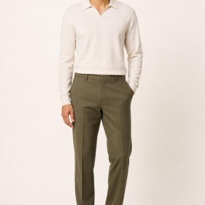 Men's Olive Wool Trousers worn with an adult model