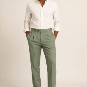 Men's Sage Pleated Trousers worn with an adult model