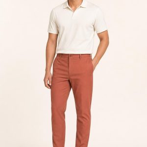 Men's Terracotta Travel Trousers worn with an adult model