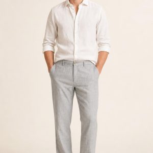 Men's Silver Linen Trousers worn with an adult model