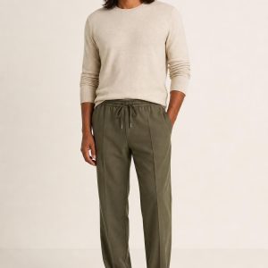 Men's Olive Drawstring Trousers worn with an adult model