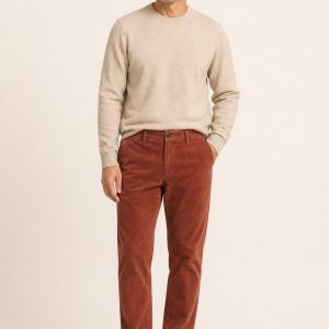 Men's Terracotta Corduroy Trousers worn with an adult model