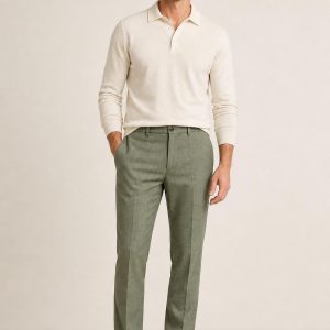 Men's Sage Tonal Texture Wool Trousers worn with an adult model