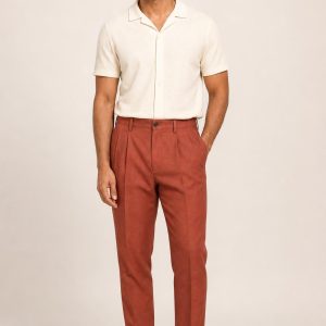 Men's Terracotta Tonal Texture Pleated Trousers worn with an adult model