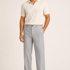 Men's Silver Tonal Texture Travel Trousers worn with an adult model
