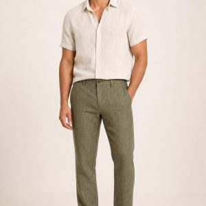 Men's Olive Tonal Texture Linen Trousers worn with an adult model