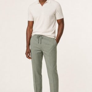 Men's Sage Tonal Texture Drawstring Trousers worn with an adult model