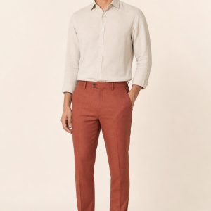Men's Terracotta Tonal Texture Tailored Trousers worn with an adult model