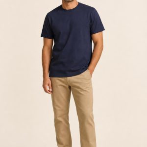 Navy Heavyweight Crew Tee worn with an adult model