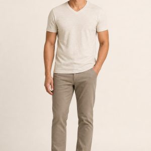 Men's Oatmeal V-Neck Tee worn with an adult model