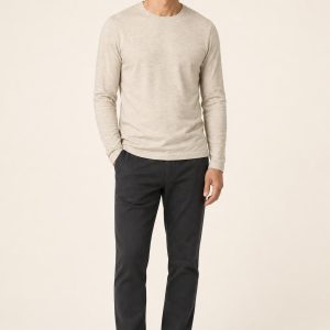 Men's Oatmeal Long-Sleeve Tee worn with an adult model