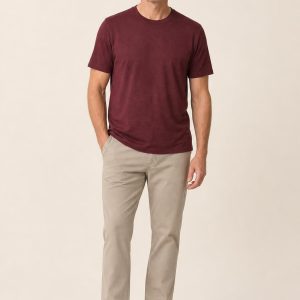 Men's Burgundy Relaxed Tee worn with an adult model