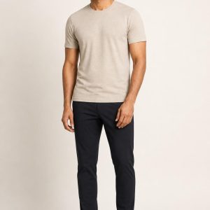 Men's Oatmeal Performance Tee worn with an adult model