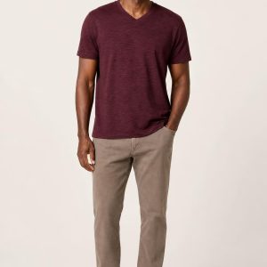 Men's Burgundy Tonal Texture V-Neck Tee worn with an adult model