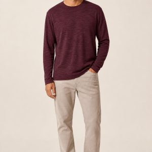 Men's Burgundy Tonal Texture Long-Sleeve Tee worn with an adult model
