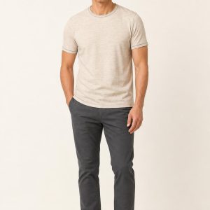 Men's Oatmeal Tonal Texture Contrast-Trim Tee worn with an adult model